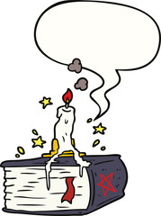 cartoon spooky spellbook and dribbling candle and speech bubble