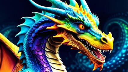 Fototapeta premium Abstractly inspiring, a colorful Dragon close-up; wonderfully rich colors on a spectacularly bright background.