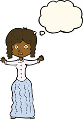 cartoon worried victorian woman with thought bubble