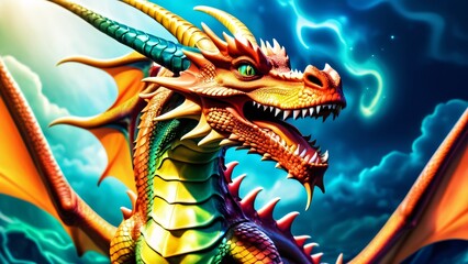 Abstractly magnificent, a colorful Dragon in an unbelievably awesome 3D; rich colors dance on a wonderfully bright background.