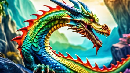 Obraz premium Abstractly spectacular, a colorful Dragon dances on an unbelievably magnificent close-up; a 3D explosion of rich and inspiring colors.