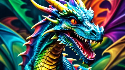 Abstractly incredible, a colorful Dragon in a wonderfully fantastical close-up; inspiring rich colors on a spectacularly bright background.