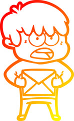 warm gradient line drawing worried cartoon boy