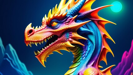 Abstractly magical, a colorful Dragon dances in an unbelievably fantastical 3D; wonderfully inspiring rich colors on a bright background.