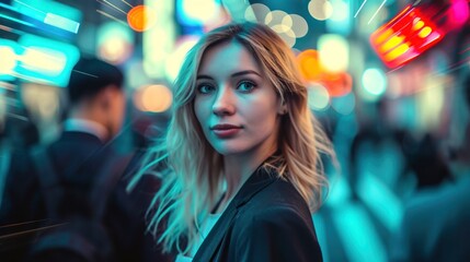 Female Businesswoman In Crowd Futuristic City At Night Backdrop Generative AI