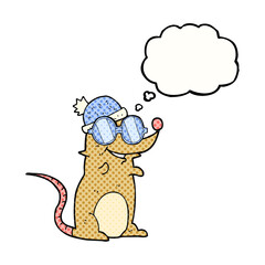thought bubble cartoon mouse wearing glasses and hat