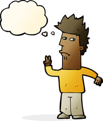 cartoon man giving peace sign with thought bubble