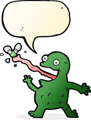 cartoon frog catching fly with speech bubble