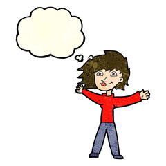 cartoon excited woman waving with thought bubble