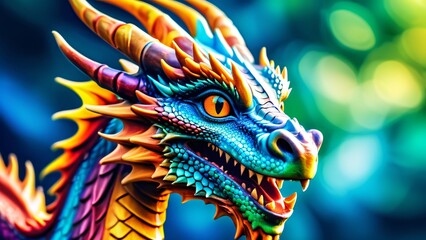 Fototapeta premium Abstractly incredible, a colorful Dragon in a wonderfully fantastical close-up; inspiring rich colors on a spectacularly bright background.