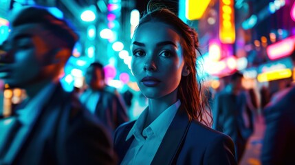 Female Businesswoman Amongst People Neon City At Night Background Generative AI