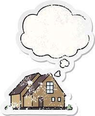 cartoon house and thought bubble as a distressed worn sticker