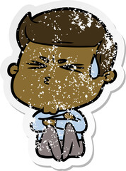 distressed sticker of a cartoon man sweating