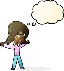 cartoon woman gesturing with thought bubble