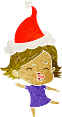 retro cartoon of a girl pulling face wearing santa hat