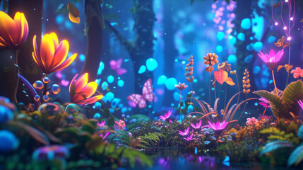 Unusual plants in a magical forest at night illuminated by neon light