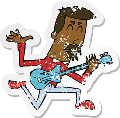 retro distressed sticker of a cartoon man playing electric guitar
