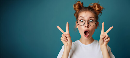 Impressed Emotional girl. Portrait of funny girl opened mouth, pointing two fingers up, isolated over blue background. Surprised girl in casual clothes she is shocked