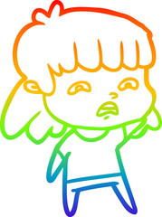 rainbow gradient line drawing cartoon worried woman