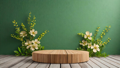 A vibrant product presentation stage featuring a wooden pedestal adorned with yellow flowers against a lush green wall.