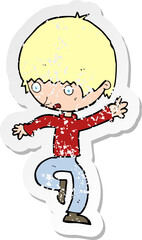 retro distressed sticker of a cartoon panicking man