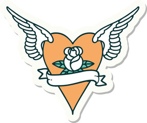 tattoo style sticker of a flying heart with flowers and banner