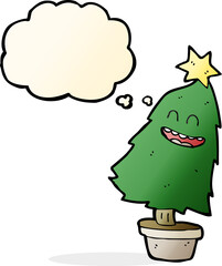 cartoon dancing christmas tree with thought bubble