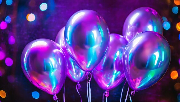 close bal&otilde;es de anivers&aacute;rio textura met&aacute;lica neon hologr&aacute;fica fundo escuro