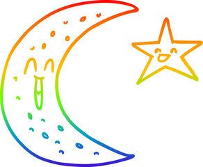 rainbow gradient line drawing happy cartoon moon and star