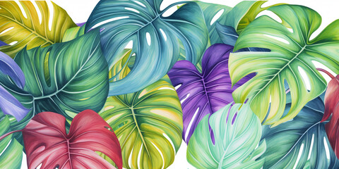 Colorful tropical leafs pattern. Pencil, hand drawn natural illustration