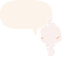 cute cartoon ghost and speech bubble in retro style