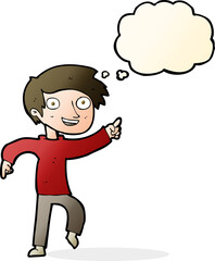 cartoon happy boy pointing with thought bubble