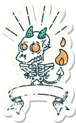 grunge sticker of tattoo style skeleton demon character