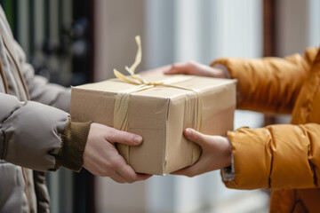 repartidor de empresa de paquetería entregando un paquete al cliente, sobre fondo desenfocado de portal de un edificio