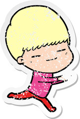 distressed sticker of a cartoon smug boy