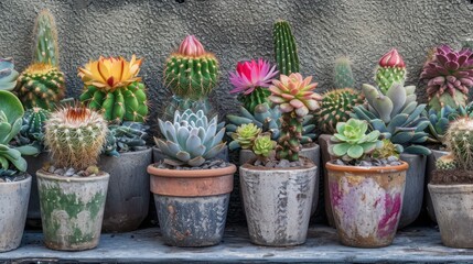Blooming cacti and succulents in pots. Generative AI