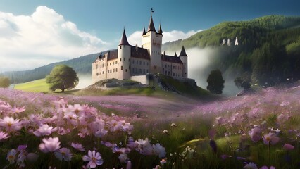 Panoramic view of the medieval castle in a meadow with flowers