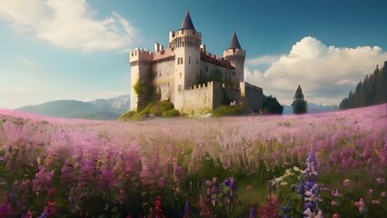 Panorama of a beautiful castle on a meadow full of flowers