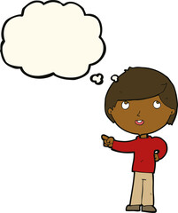 cartoon boy pointing with thought bubble