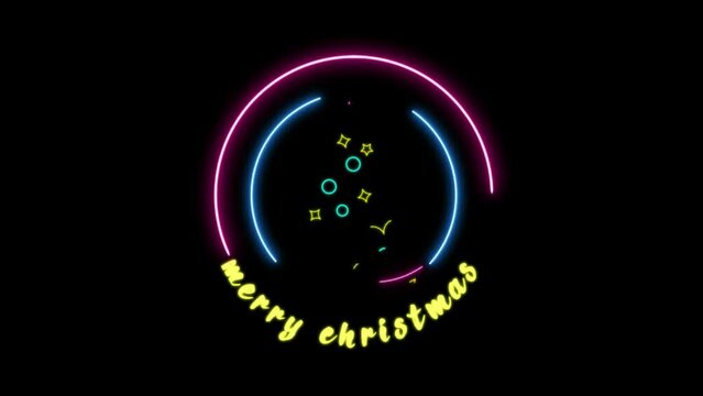 Christmas tree with shining lights .Glowing blue Christmas tree animation with light and particles. 4k, Christmas tree decoration with falling snow, smooth motion camera with parallax effect.