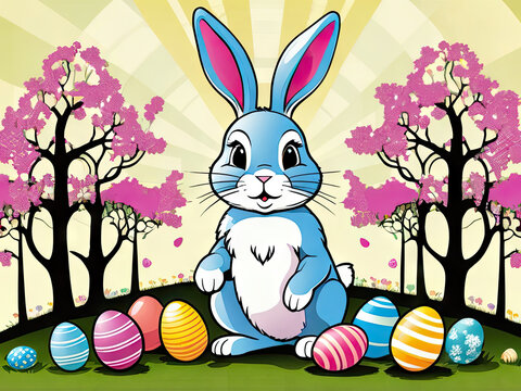 Illustrated Eaaster Bunny with Colored Eggs on Grass Sunlight Background