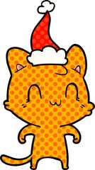 comic book style illustration of a happy cat wearing santa hat