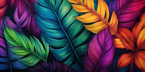 Fotobehang Colorful tropical leafs pattern. Pencil, hand drawn natural illustration © Alicia