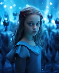 Fototapeta premium A young girl in a blue dress standing in front of a group of people. Generative AI.