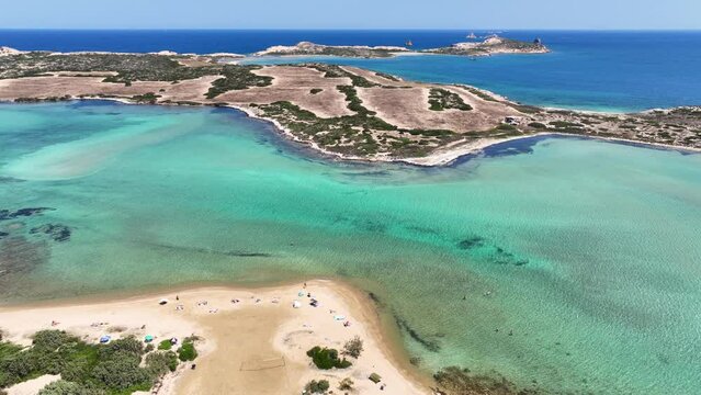 Aerial drone video of Feira a paradise landscape islet of Northern part of Antiparos island, Cyclades, Greece