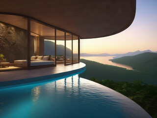 Close up Infinity Pool with Glass Wall Home Bedroom Overlooking Lake with Hills and Trees