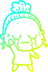 cold gradient line drawing cartoon crying old lady