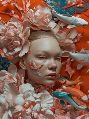 A young woman with flowers and fish on her head. Generative AI.