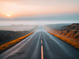 Long Asphalt Paved Road Runs into Distant Fog with Sun in Background