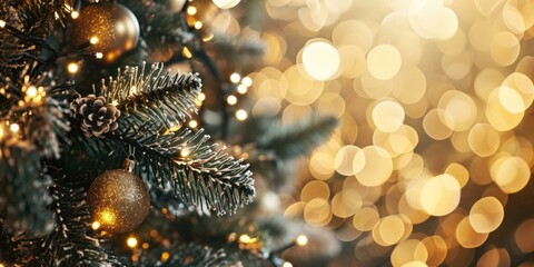 Obraz na płótnie Canvas Christmas tree with golden ornaments and lights. Generative AI.